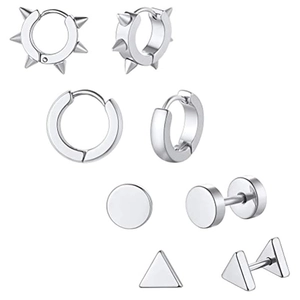 Ensemble de Boucles d'Oreilles en Acier Inoxydable pour Hommes Femmes Argent Punk Rivet à Pointe Créoles Huggie Rond Triangle Bijoux