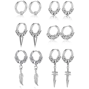 Silver Dragon Pattern Leaf Sword Spike Pendant Hoop Earrings For Men Punk Hip Hop Metal Jewelry Gothic Retro Ear Buckle