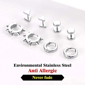Lot de 8 boucles d'oreilles en acier inoxydable argenté avec clous et anneaux punk