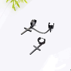 Black stainless steel cross pendant earrings with asymmetric chain and ear cuff