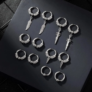 12-piece silver punk earring set featuring dragon scales, swords, and feather pendants