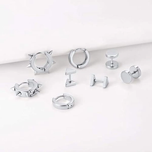 Lot de 8 boucles d'oreilles argentées en acier inoxydable avec piques punk et clous
