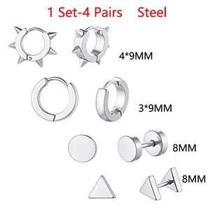 Ensemble de 8 boucles d'oreilles en acier inoxydable argenté, clous et créoles