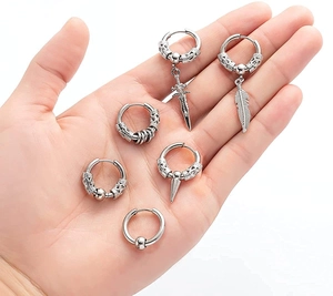 6-piece silver stainless steel earring set with sword, feather, and cone charms