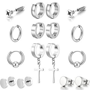 Punk Edelstahl Ohrring Set Für Herren Damen Silber Kreuz Anhänger Creolen Schraube Ohrstecker Hantel Gothik Schmuck