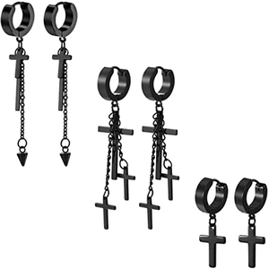 Black Stainless Steel Cross Pendant Hoop Earrings Punk Gothic Chain Spikes Dangle Earrings Jewelry Gift For Men
