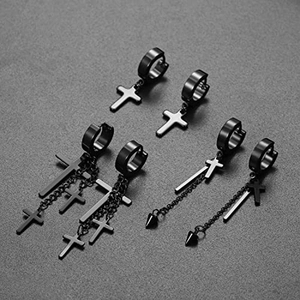 6-piece black stainless steel punk hoop earring set with cross and cone charms
