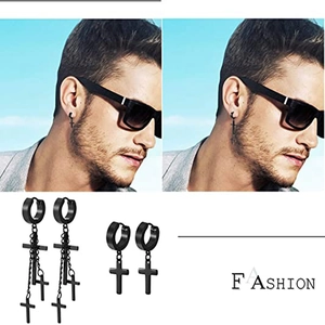 Black stainless steel cross hoop earrings set for men featuring punk gothic style dangles