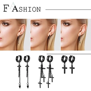 6-piece black stainless steel punk earring set with cross and spike charms for men