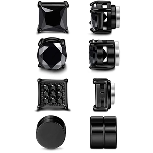 Men Black Magnetic Stud Earrings Non Pierced Alloy Zirconia Square Round Geometric Clip On Jewelry No Ear Hole Earrings
