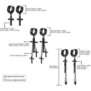 Black stainless steel cross pendant earrings set with three stylish drop designs for men
