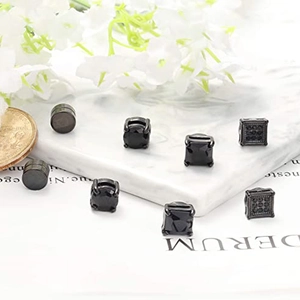 8-piece black magnetic stud earring set with round and square cubic zirconia designs