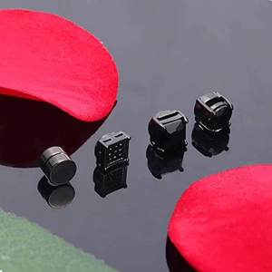 8-piece black magnetic earring set with cubic zirconia in various minimalist geometric shapes