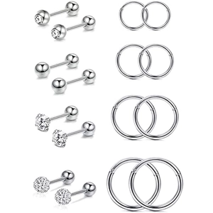 Stainless Steel Piercing Jewelry Set Silver Zirconia Stud Earrings Nose Rings Cartilage Helix Hoop Daily Jewelry