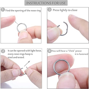 Instructions for using silver hinged nose ring with four-step opening and closing guide