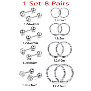 Detailed size guide for 16-piece silver piercing set showing bars and hoop diameters