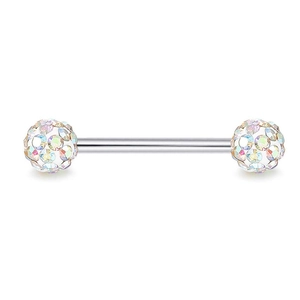 Detail of barbell piercing with aurora borealis crystals and polished stainless steel bar