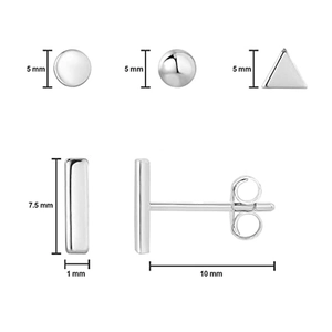 Detailed size schematic for 8-piece silver geometric stud earring set with dimensions