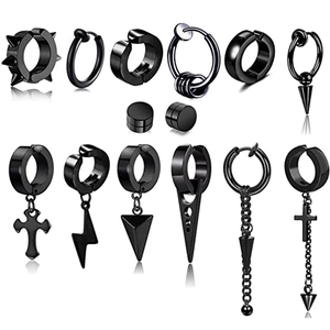 Black Punk Earring Set For Men Women Stainless Steel Cross Triangle Lightning Spike Ear Clip Stud Jewelry No Piercing Gothic