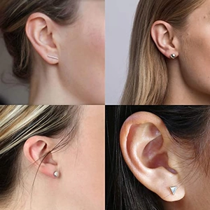 8-piece minimalist silver geometric stud earring set featuring bars spheres and triangles