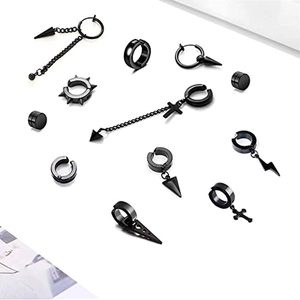 14-piece punk black stainless steel earring set with cross, spike, and lightning pendants