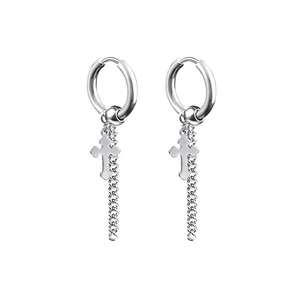 Symmetric silver hoop earrings with hanging cross and curb chain pendants for a punk style