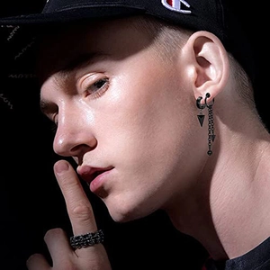 Punk black skull ring and geometric earring set for men with long chain pendant style