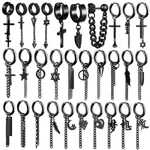 Punk Black Stainless Steel Hoop Earrings For Men Women Gothic Cross Heart Leaf Pendant Drop Dangle Earrings Hip Hop Streetwear Jewelry Gift