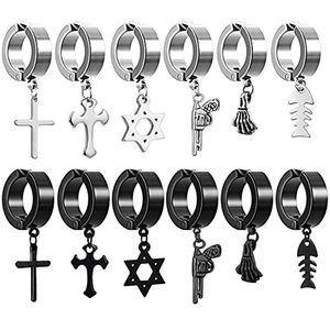 Punk Pendientes de Clip de Acero Inoxidable para Hombre Mujer Cruz Hexagrama Pistola Mano de Esqueleto Espina de Pescado Joyería
