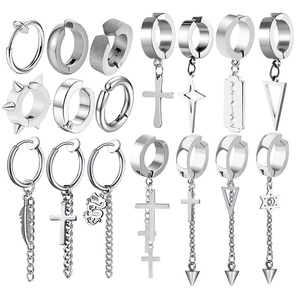 Punk Stainless Steel Clip On Earrings For Men Women Non Pierced Hoop Ear Clip With Cross Feather Star Blade Pendant Hip Hop Jewelry