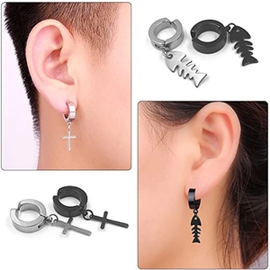 Set de 12 pendientes de acero inoxidable con cruz y espina de pescado en negro y plateado