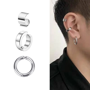 Three-piece silver ear cuff set for men featuring polished hoops and wide bands