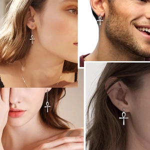 Silver Ankh cross drop earrings with metal chain links on models in 4-grid view