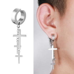 Silver stainless steel clip-on earrings with triple cross pendants and metal chains