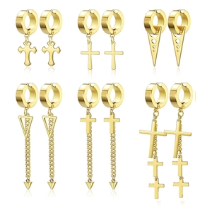 Gold Plated Alloy Cross Dangle Hoop Earrings For Men Women Hip Hop Punk Style Chain Triangle Pendant Clip On Jewelry