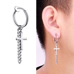 Silver non-piercing cross earrings with chain pendant and clip-on ear cuff style