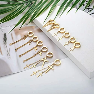 12-piece gold cross and triangle pendant earring set with long chains and hoops