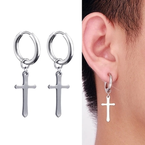 Punk silver stainless steel cross hoop earrings for men and women showing on-ear wearing