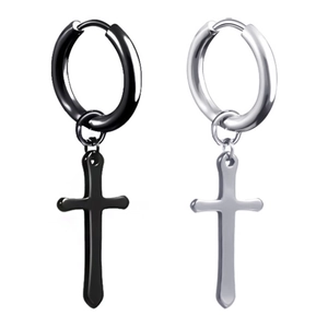 Detailed view of punk style black and silver stainless steel cross pendant earrings