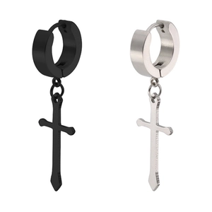 Detailed view of punk cross earrings in polished silver and black plated stainless steel