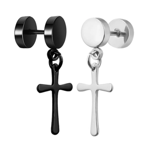 Detailed close-up of punk style cross dangle earrings in polished black and silver steel