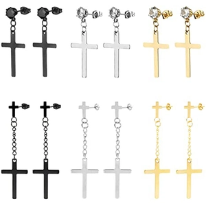 Cross Stud Earrings For Men Women Stainless Steel Alloy Zirconia Pendant Long Chain Dangle Earrings Gothic Punk Jewelry Black Silver Gold