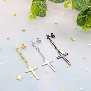 12-piece set of cross drop earrings in gold, silver, and black with delicate metal chains