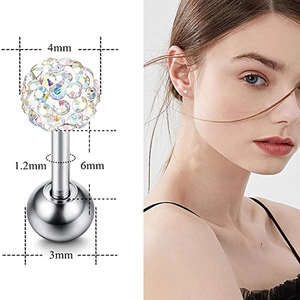 Detailed view of 4mm crystal ball stud earring with dimensions on model