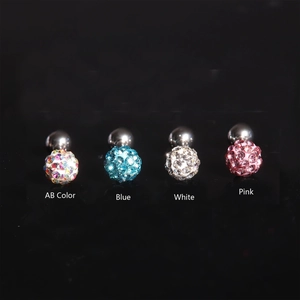 Macro detail of 24-piece crystal ball earring set in AB, blue, white, and pink
