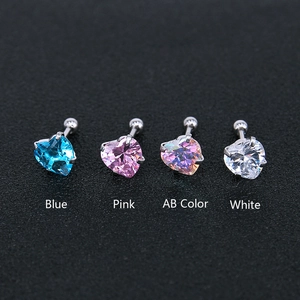 Detail of heart-shaped crystal labret studs with threaded ball back in various colors