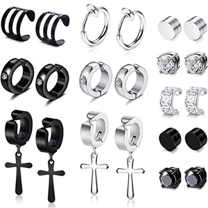 316L Stainless Steel Non-Pierced Earring Set For Men Women Magnetic Studs Cross Pendant Ear Cuffs Hoop Clips Zirconia
