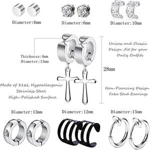 Detailed size specifications for a 22-piece stainless steel non-piercing earring set