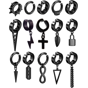 Black Punk Ear Clips Cross Lightning Leaf Lock Pendant Collection For Men Women Non Pierced Earrings Jewelry Assorted Styles
