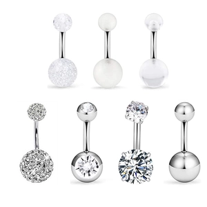 Set de 7 piercings para ombligo plateados con circón blanco y piedras de ópalo fino
